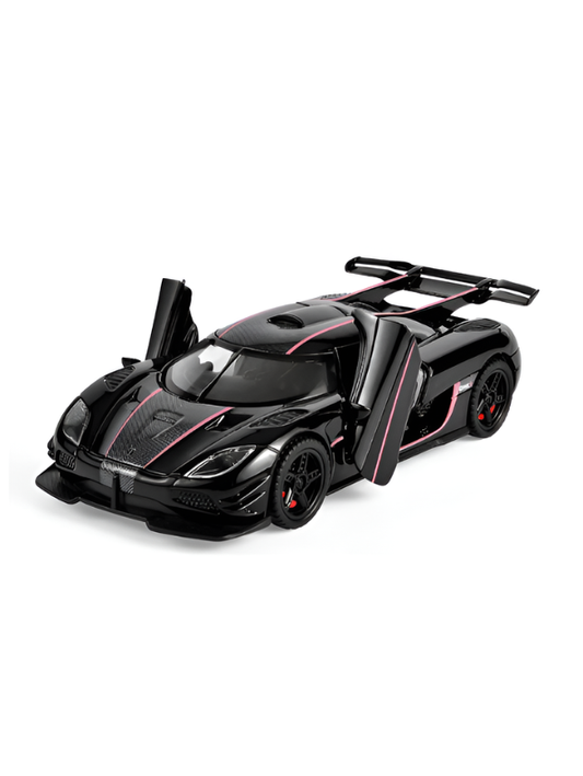 Koenigsegg Agera RS 1:32 Scale Diecast Model Car - Black with Pink Accents - Pull-Back Toy Car with Opening Doors & Sound LMI16610