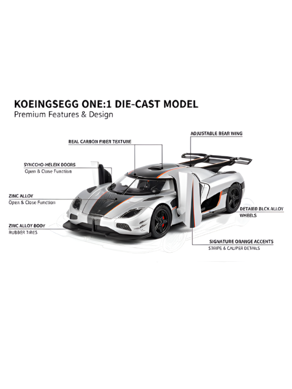 Koenigsegg One:1 Diecast Car Model 1:24 Scale Alloy Metal Supercar Silver LMI16444.