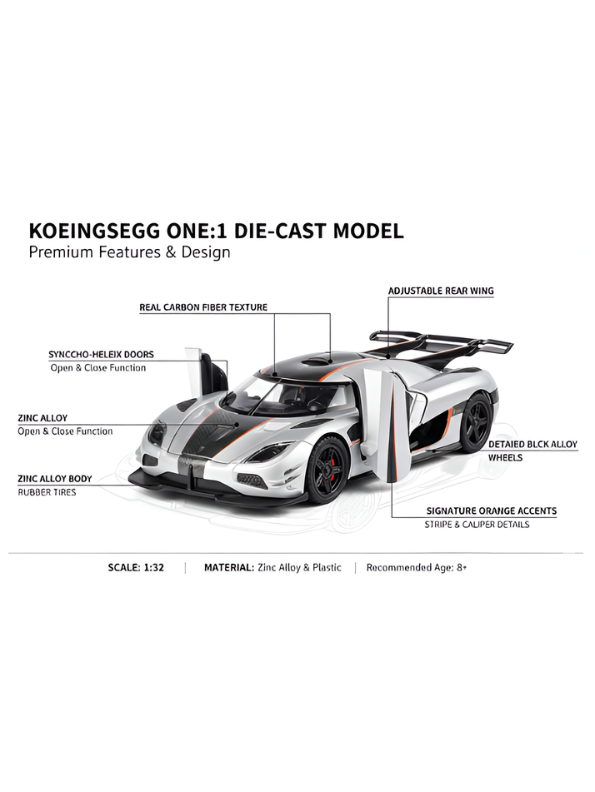 Koenigsegg Agera RS 1:32 Scale Model Car - Pull Back Toy with Sound & Light - High-Quality Die-Cast Metal Supercar for Collectors  LMI16110