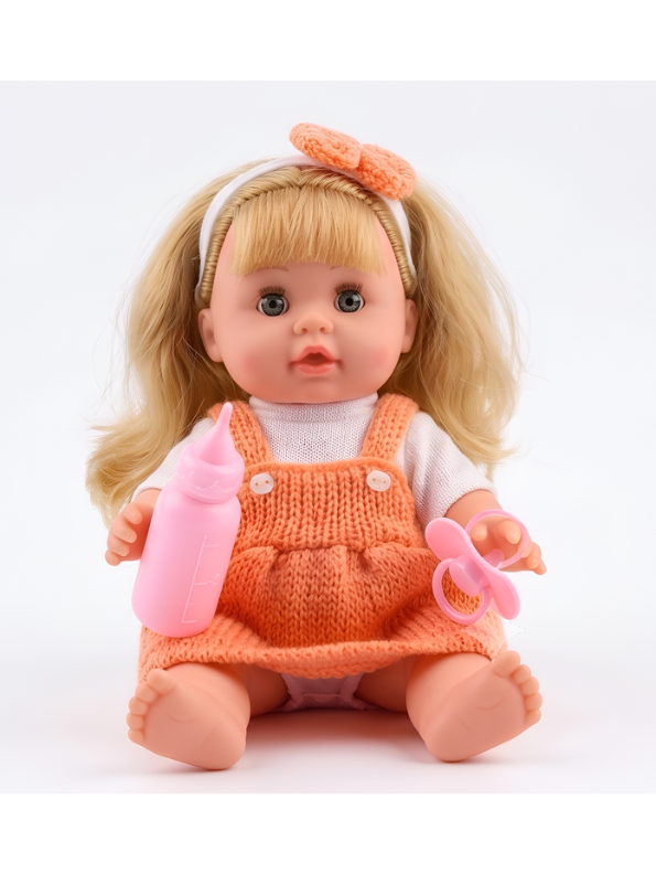 LOVELY Interactive Baby Doll Set – Blonde Doll with Overall Dress, Hair Bow, Toy Feeding Bottle & Pacifier TV3646