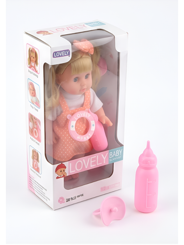LOVELY Interactive Baby Doll Set – Blonde Doll with Pink Overall Dress, Hair Bow, Toy Feeding Bottle & Pacifier TV3646