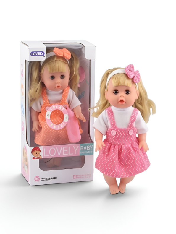 LOVELY Interactive Baby Doll Set – Blonde Doll with Pink Overall Dress, Hair Bow, Toy Feeding Bottle & Pacifier TV3646