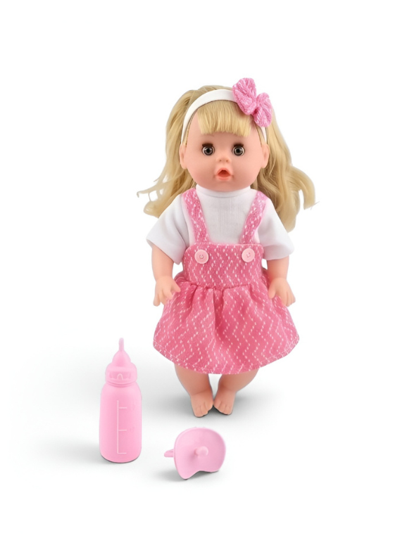 LOVELY Interactive Baby Doll Set – Blonde Doll with Pink Overall Dress, Hair Bow, Toy Feeding Bottle & Pacifier TV3646