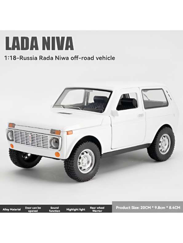 Lada Niva Alloy Diecast Model Car – White 1:18 Scale Collectible Off-Road Vehicle with Sound, Lights, and Openable Doors TV6223
