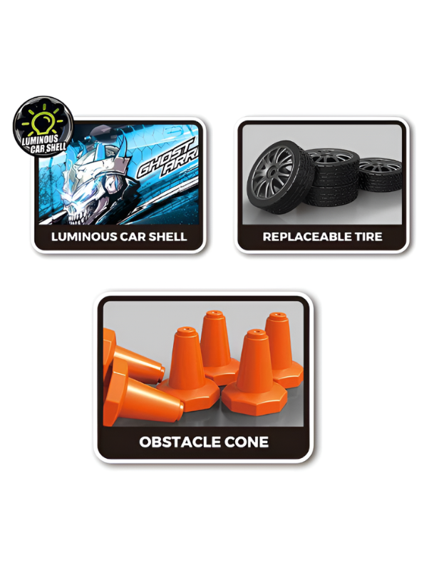 Laser Rush 1:24 Scale RC Drift Racing Car – Green Luminous Glow Shell, 2.4GHz Controller & Obstacle Set LMI16857
