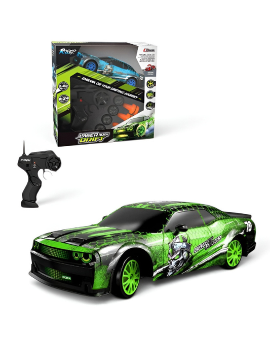Laser Rush 1:24 Scale RC Drift Racing Car – Green Luminous Glow Shell, 2.4GHz Controller & Obstacle Set LMI16857