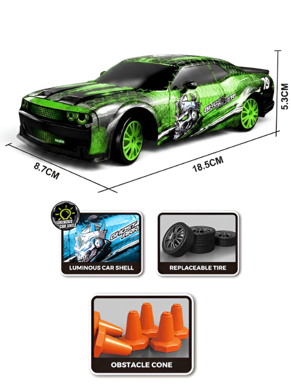 Laser Rush 1:24 Scale RC Drift Racing Car – Green Luminous Glow Shell, 2.4GHz Controller & Obstacle Set LMI16857