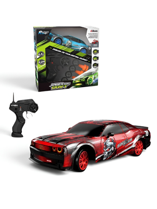 Laser Rush 1:24 Scale RC Drift Racing Car – Red Luminous Glow Shell, 2.4GHz Controller & Obstacle Set LMI16857