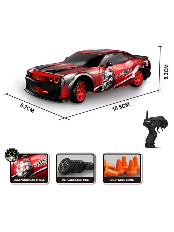 Laser Rush 1:24 Scale RC Drift Racing Car – Red Luminous Glow Shell, 2.4GHz Controller & Obstacle Set LMI16857