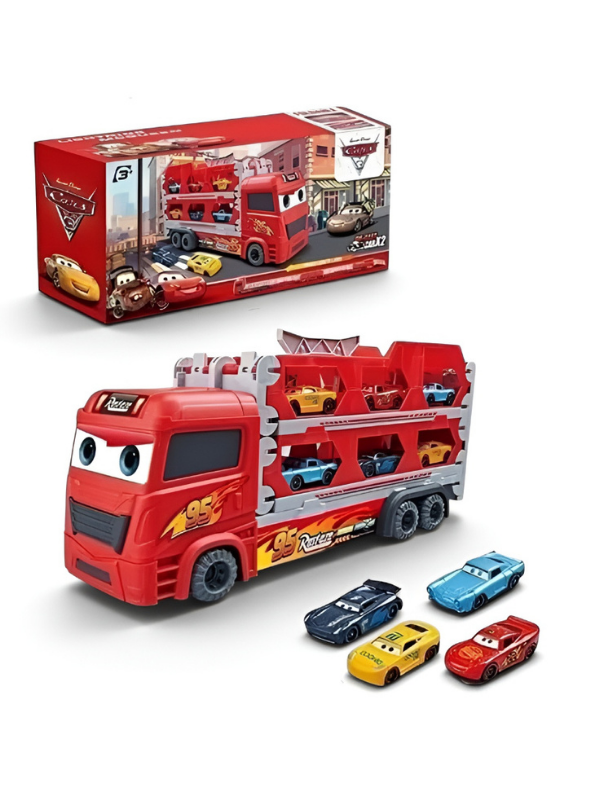 Lightning McQueen Toy Car Transporter Truck Set with Mini Cars & Foldable Track MD602