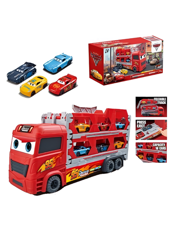 Lightning McQueen Toy Car Transporter Truck Set with Mini Cars & Foldable Track MD602
