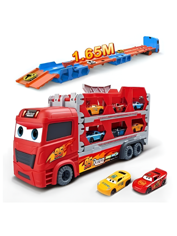 Lightning McQueen Toy Car Transporter Truck Set with Mini Cars & Foldable Track MD602