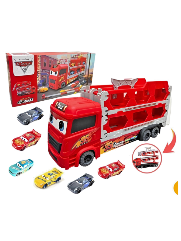 Lightning McQueen Toy Car Transporter Truck Set with Mini Cars & Foldable Track MD602