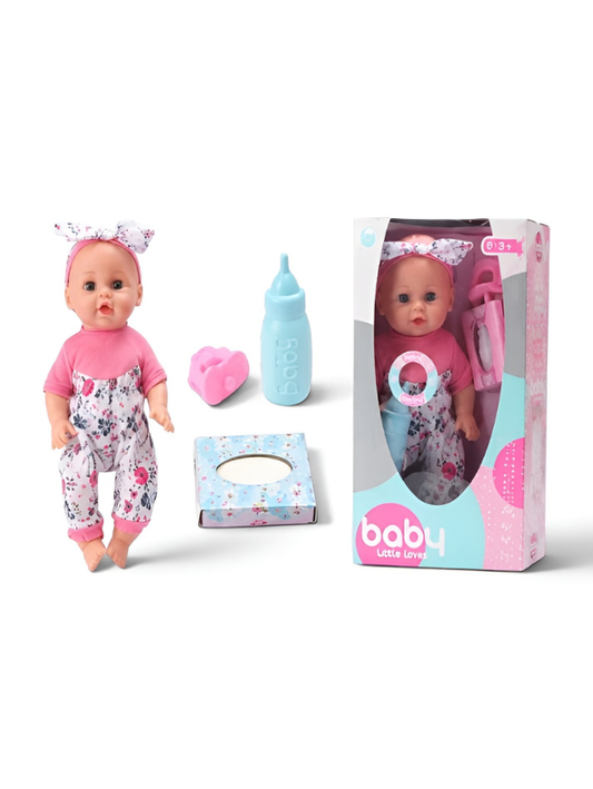 Little Loves Baby Doll Set – Floral Romper with Feeding Bottle & Accessories MD404