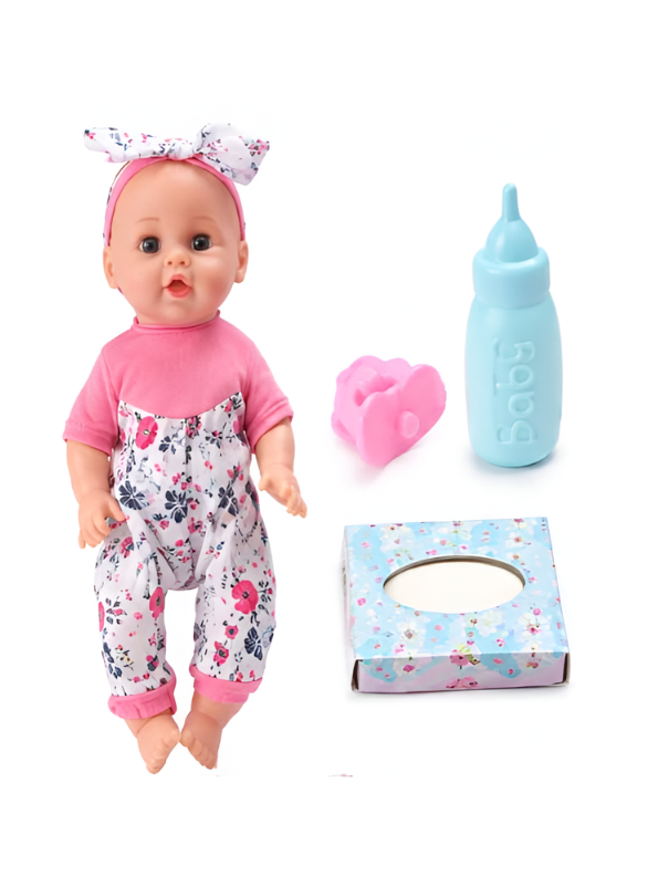 Little Loves Baby Doll Set – Floral Romper with Feeding Bottle & Accessories MD404
