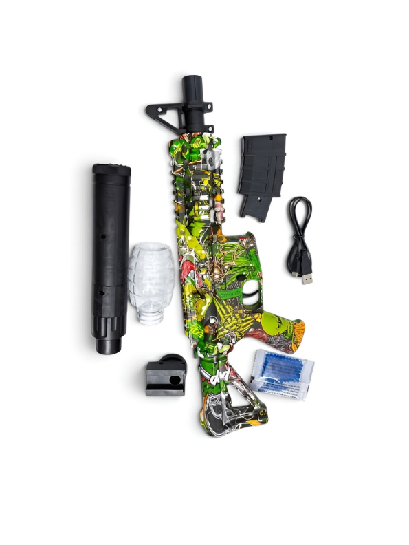 M4 Electric Gel Ball Blaster Toy Rifle with Silencer Attachment and Graffiti Print – Outdoor Action Combat Toy.