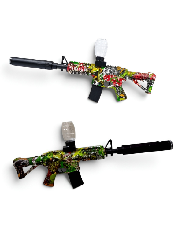 M4 Electric Gel Ball Blaster Toy Rifle with Silencer Attachment and Graffiti Print – Outdoor Action Combat Toy.