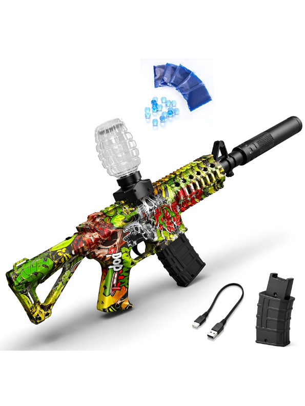 M4 Electric Gel Ball Blaster Toy Rifle with Silencer Attachment and Graffiti Print – Outdoor Action Combat Toy.