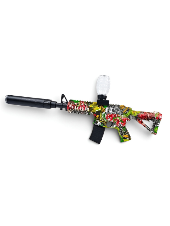 M4 Electric Gel Ball Blaster Toy Rifle with Silencer Attachment and Graffiti Print – Outdoor Action Combat Toy.