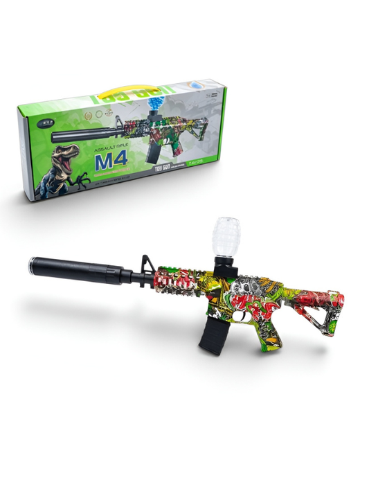 M4 Electric Gel Ball Blaster Toy Rifle with Silencer Attachment and Graffiti Print – Outdoor Action Combat Toy.