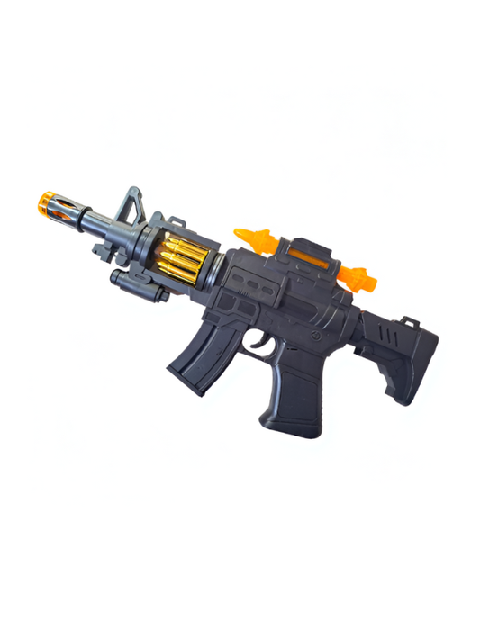M4 Toy Machine Gun with Rotating Gold Bullets, LED Lights, Sound Effects and Vibration – 30.5cm Battery Operated Rifle LMI13765.