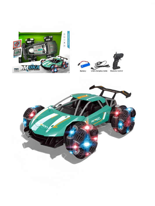 MOKA RC Drift Car – 360° Rotation Stunt Car with Mecanum Wheels, Omnidirectional Driving, LED Lights & Rechargeable Battery | High-Speed Remote Control Racing Toy Turquoise LMI10430.