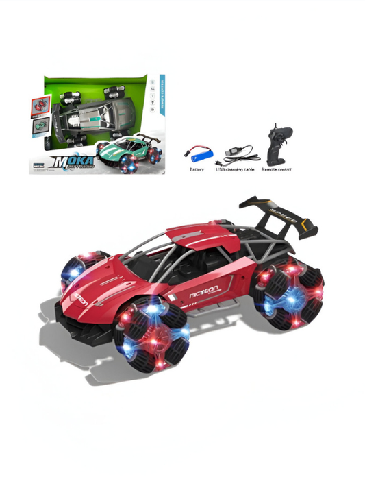 MOKA RC Drift Car – 360° Rotation Stunt Car with Mecanum Wheels, Omnidirectional Driving, LED Lights & Rechargeable Battery | High-Speed Remote Control Racing Toy Red LMI10430.