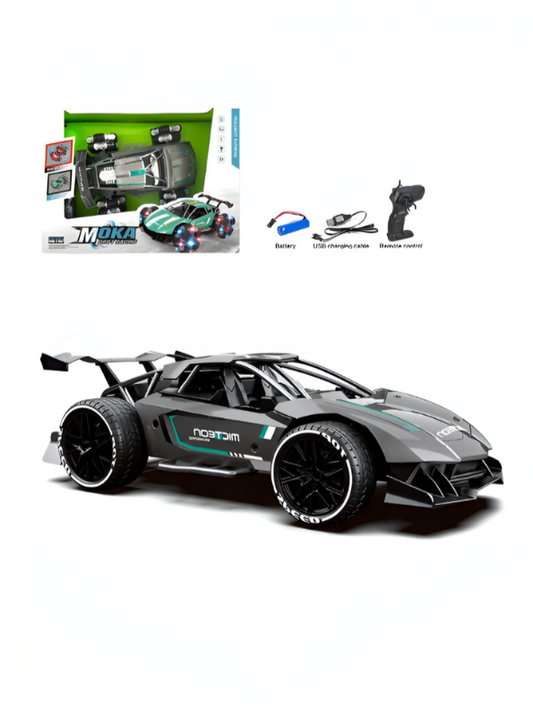 MOKA RC Drift Car – 360° Rotation Stunt Car with Mecanum Wheels, Omnidirectional Driving, LED Lights & Rechargeable Battery | High-Speed Remote Control Racing Toy Grey LMI10430.
