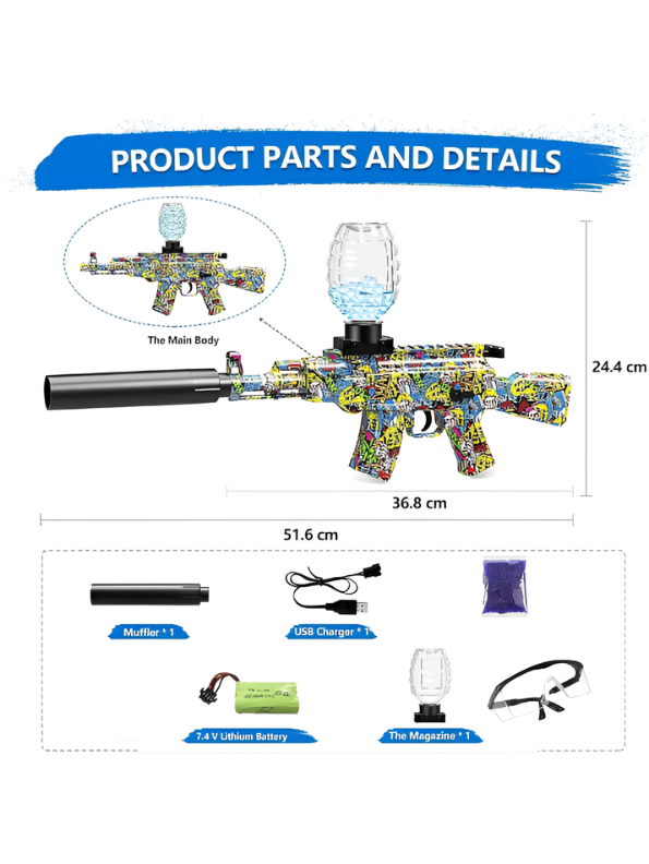 MP5 Electric Gel Ball Blaster Gun – Dual Mode Splatter Gun with Graffiti Finish, Silencer, Goggles & Rechargeable Battery for Outdoor Games MD88
