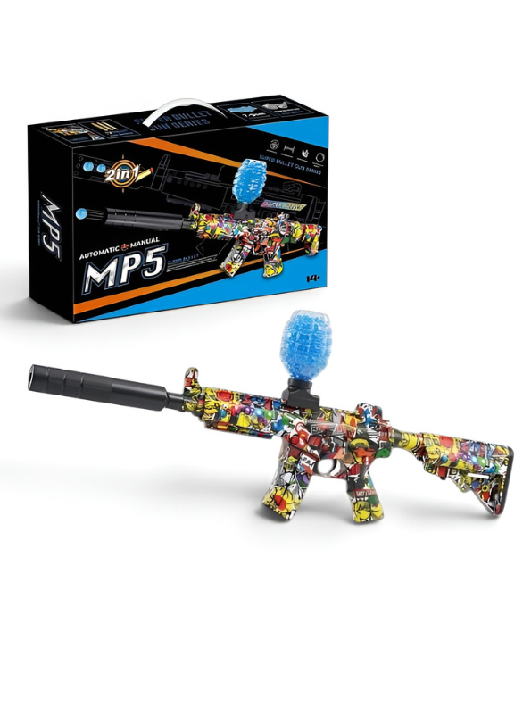 MP5 Electric Gel Ball Blaster Gun – Dual Mode Splatter Gun with Graffiti Finish, Silencer, Goggles & Rechargeable Battery for Outdoor Games MD88