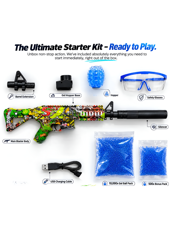 MP5 Electric Gel Ball Blaster Gun – Dual Mode Splatter Gun with Graffiti Finish, Silencer, Goggles & Rechargeable Battery for Outdoor Games MD88