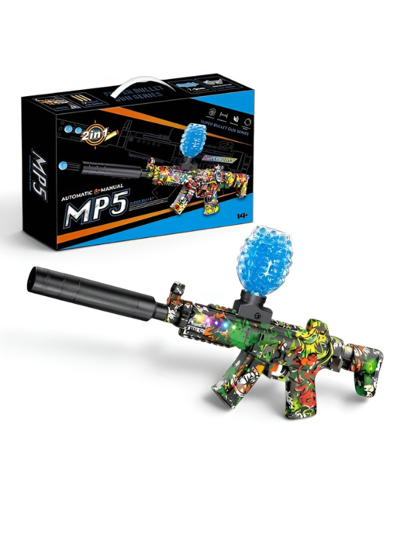 MP5 Electric Gel Ball Blaster Gun – Dual Mode Splatter Gun with Graffiti Finish, Silencer, Goggles & Rechargeable Battery for Outdoor Games MD88