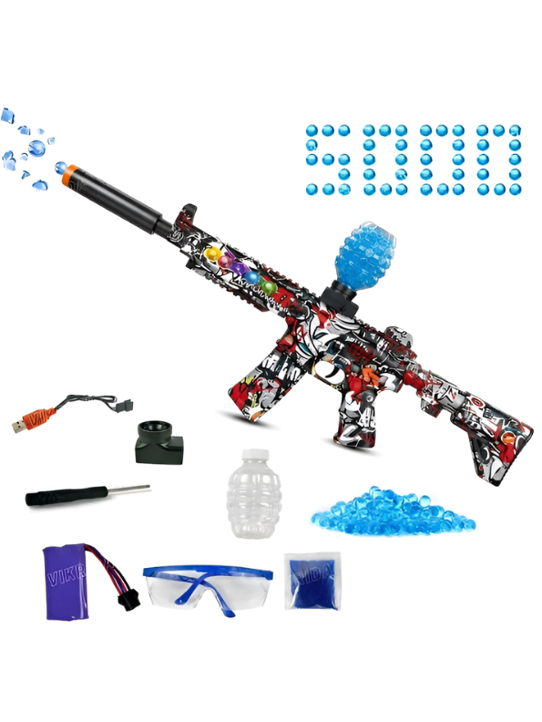 MP5 Electric Gel Ball Blaster Gun – Dual Mode Splatter Gun with Graffiti Finish, Silencer, Goggles & Rechargeable Battery for Outdoor Games MD88