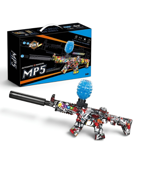 MP5 Electric Gel Ball Blaster Gun – Dual Mode Splatter Gun with Graffiti Finish, Silencer, Goggles & Rechargeable Battery for Outdoor Games MD88