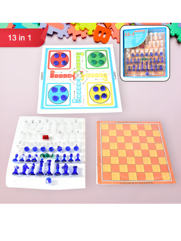 Magnetic 13-in-1 Family Board Game Set – Portable Multi-Game Collection Including Chess, Ludo, Snakes & Ladders, and Checkers LMI130