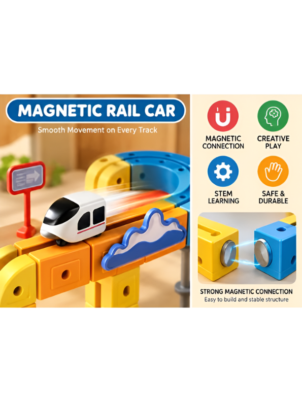 Magnetic Rail Car Track Building Set – STEM Educational Creative Learning Toy with Train, Bridge, and Blocks for Kids Age 3+ LMI16948