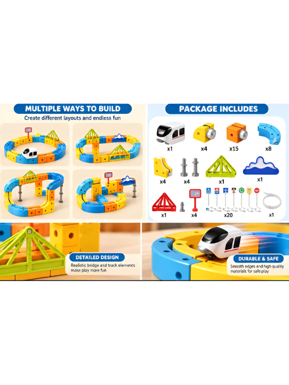 Magnetic Rail Car Track Building Set – STEM Educational Creative Learning Toy with Train, Bridge, and Blocks for Kids Age 3+ LMI16948
