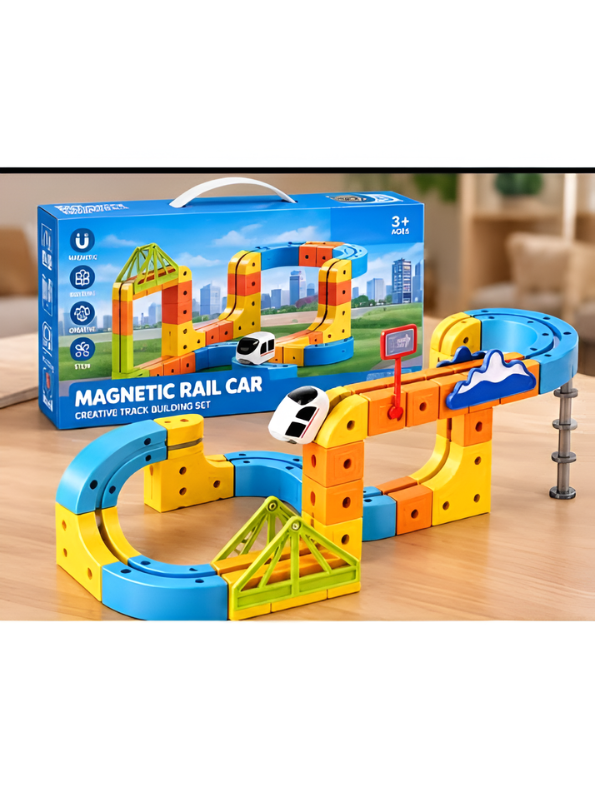Magnetic Rail Car Track Building Set – STEM Educational Creative Learning Toy with Train, Bridge, and Blocks for Kids Age 3+ LMI16948