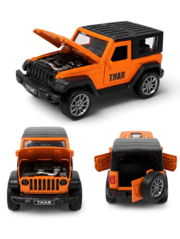 Mahindra Thar Die-Cast Metal Toy Car – Orange 4x4 SUV Model with Rubber Tyres, Openable Engine Hood & Detailed Interior for Kids & Collectors TV6334