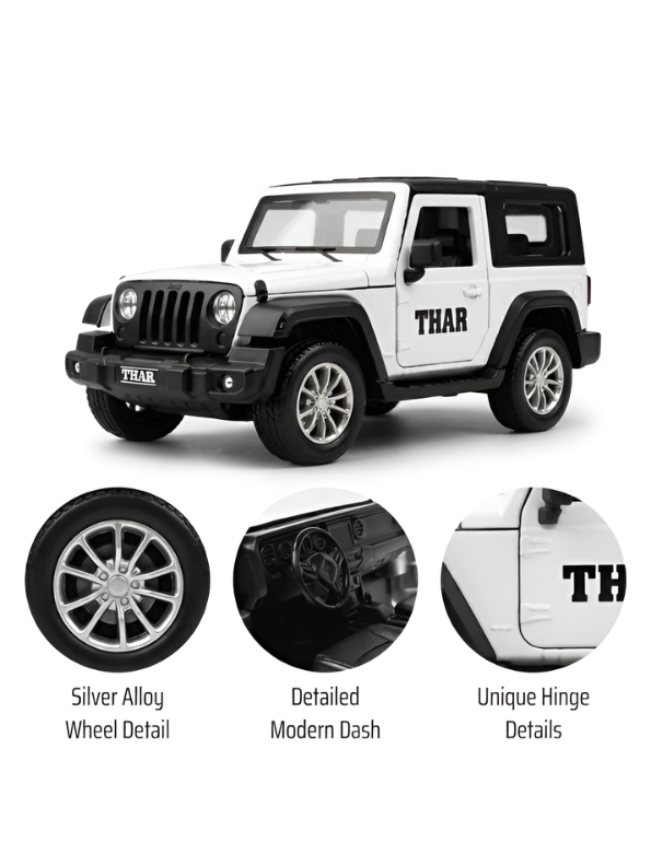 Mahindra Thar Die-Cast Metal Toy Car – White 4x4 SUV Model with Rubber Tyres, Openable Engine Hood & Detailed Interior for Kids & Collectors TV6334