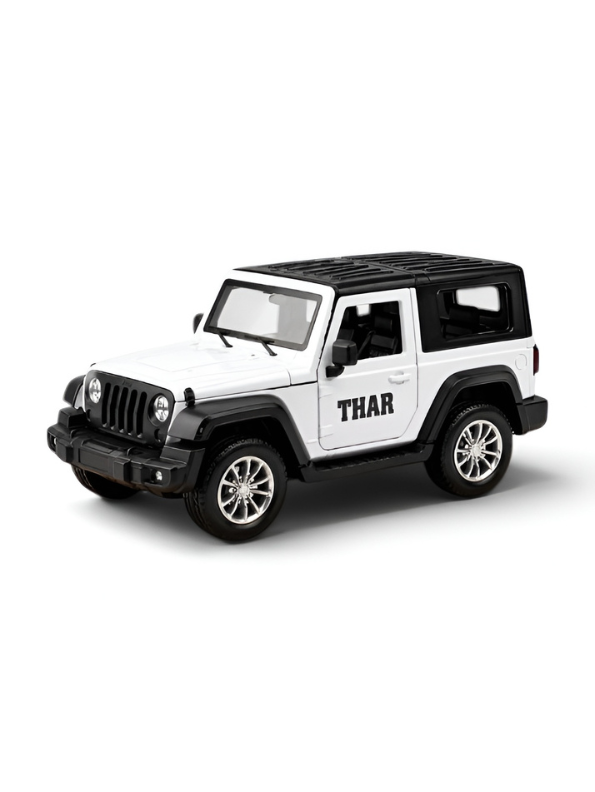 Mahindra Thar Die-Cast Metal Toy Car – White 4x4 SUV Model with Rubber Tyres, Openable Engine Hood & Detailed Interior for Kids & Collectors TV6334