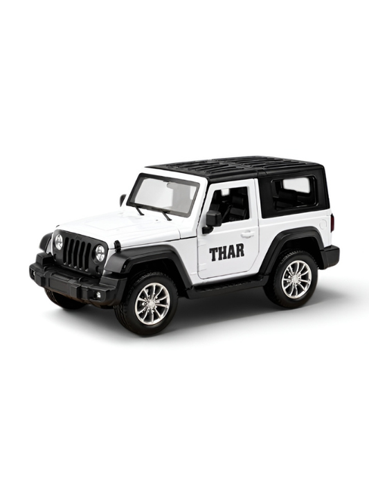 Mahindra Thar Die-Cast Metal Toy Car – White 4x4 SUV Model with Rubber Tyres, Openable Engine Hood & Detailed Interior for Kids & Collectors TV6334