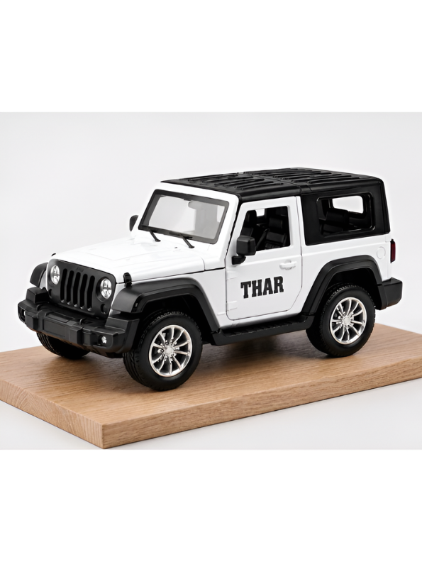 Mahindra Thar Die-Cast Metal Toy Car – White 4x4 SUV Model with Rubber Tyres, Openable Engine Hood & Detailed Interior for Kids & Collectors TV6334