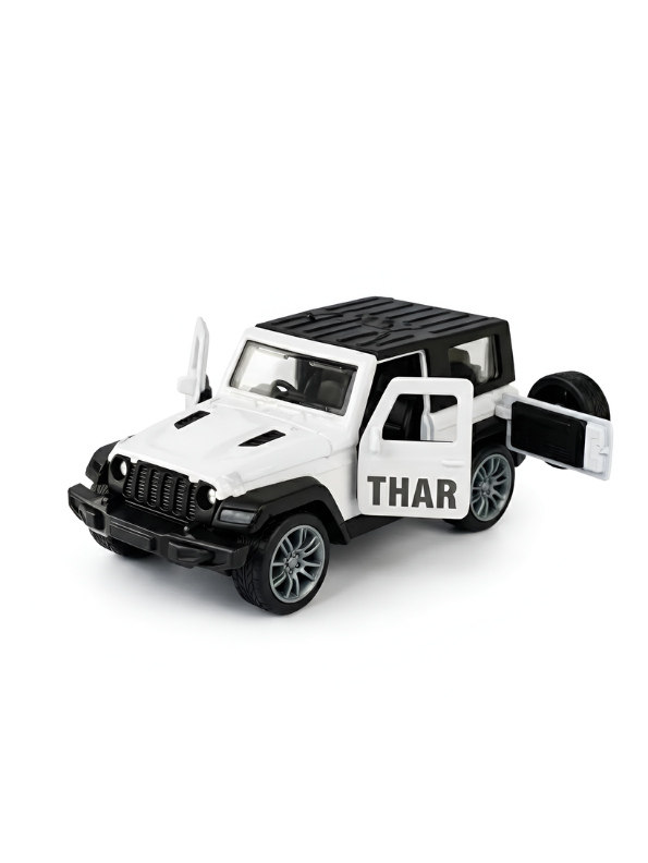 Mahindra Thar Die-Cast Metal Toy Car – White 4x4 SUV Model with Rubber Tyres, Openable Engine Hood & Detailed Interior for Kids & Collectors TV6334