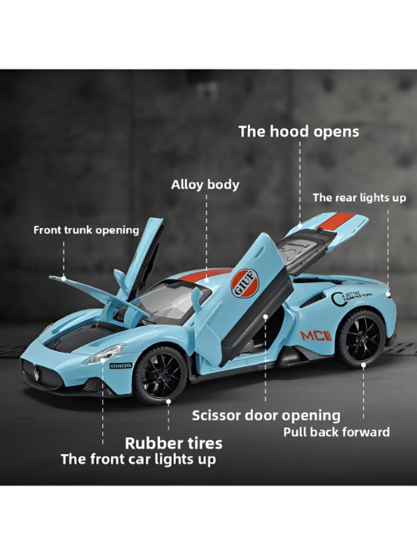 Maserati MC20 Gulf Edition Diecast Car 1:32 Scale – Limited Edition Luxury Sports Car Model Replica TV6289 - Free Car Inside.