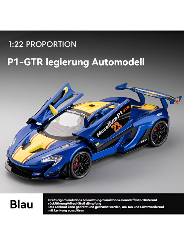 McLaren P1 GTR Diecast Car 1:22 Scale | Blue Metal Alloy Model Racing Car MD584