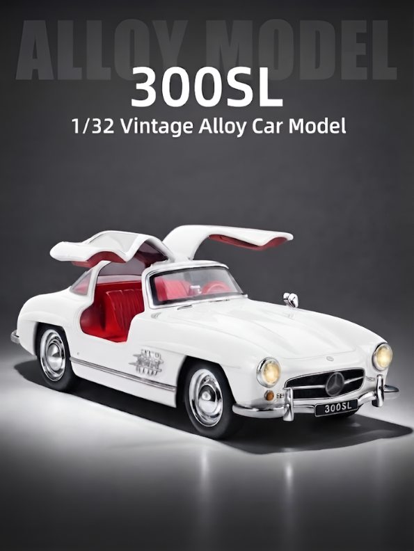 Mercedes-Benz 300SL White Diecast Alloy Model Car 1:32 Scale with Acrylic Display Box MD26