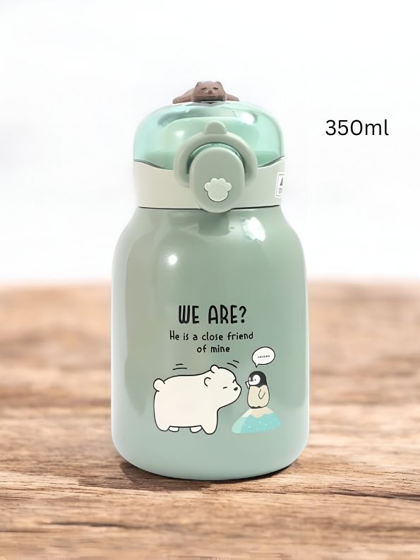 Green - Mia Cute Bear Print Water Bottle 350ml – Adorable Bear Lid Design, Leak-Proof & Portable NOV3293.