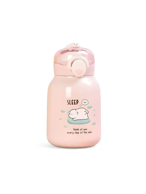 Pink - Mia Cute Bear Print Water Bottle 350ml – Adorable Bear Lid Design, Leak-Proof & Portable NOV3293.