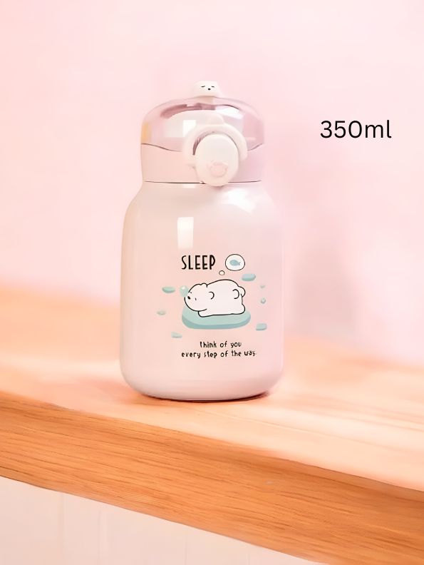 Pink - Mia Cute Bear Print Water Bottle 350ml – Adorable Bear Lid Design, Leak-Proof & Portable NOV3293.